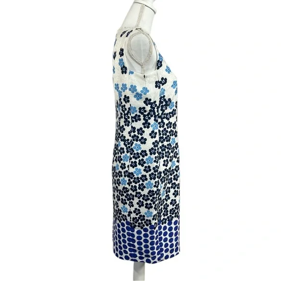 KARL LAGERFELD Floral and Polka Dot Print Dress Blue and White Scoopneck Size 6 - Picture 3 of 8